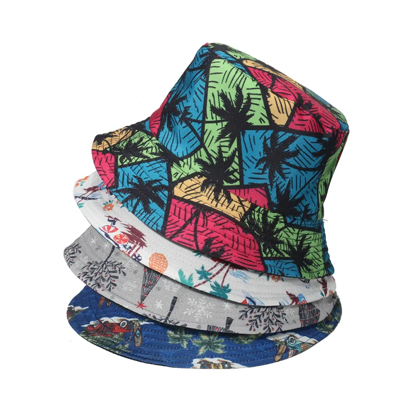 Bulk Designer OEM Custom 3D Logo Print Plain Cotton Reversible Summer Hawaiian Beach Bucket Hat Men Women Tropical Fisherman Cap