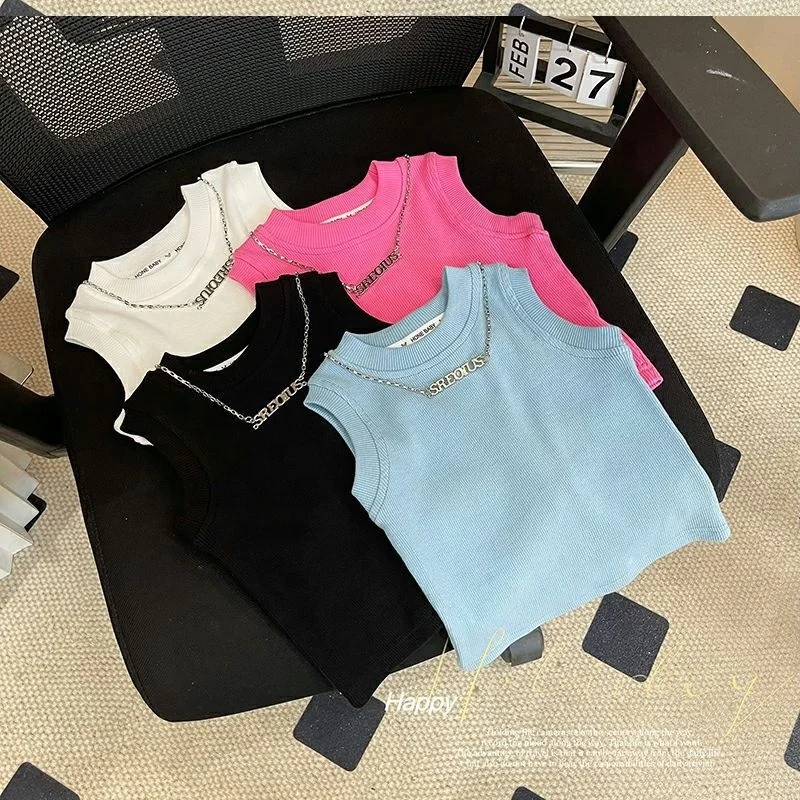 2024 Wholesale Summer Baby Children Tops Sleeveless Cotton Print Casual Girls T-shirts