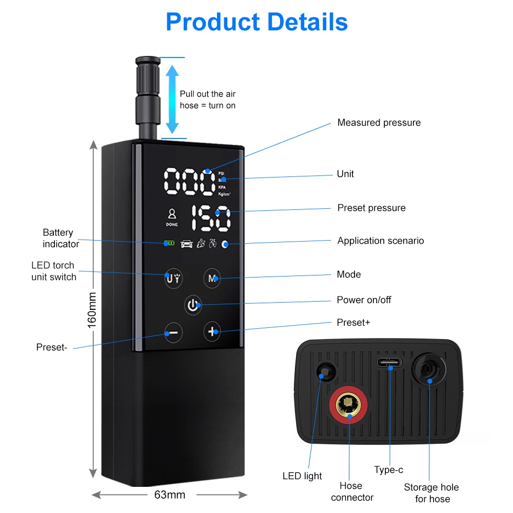 Newo  Mini Smart  Air Compressor Portable Tire Inflator Tire Pump  with Touch Screen