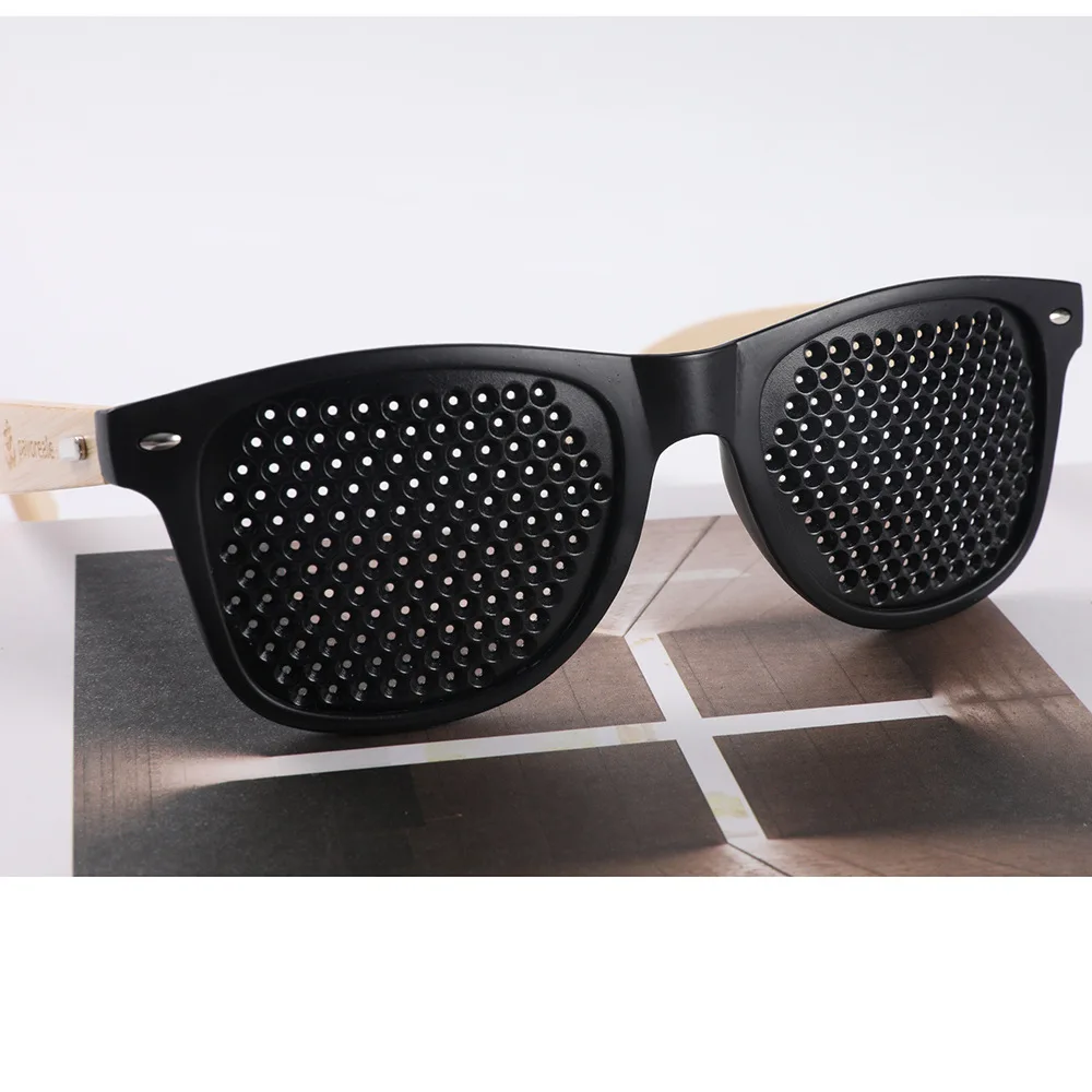 Yiwu wholesale customized logo sunglasses with holes PC+bamboo OEM Pinhole pin hole lens glasses sunglasses