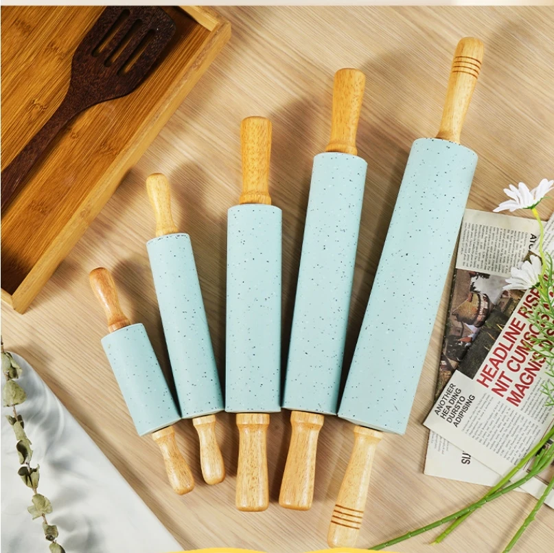 Eco-friendly Kitchen Tools Mini Non-stick Silicone Rolling Pin With Wood Handles Backing Dough Roller Tools
