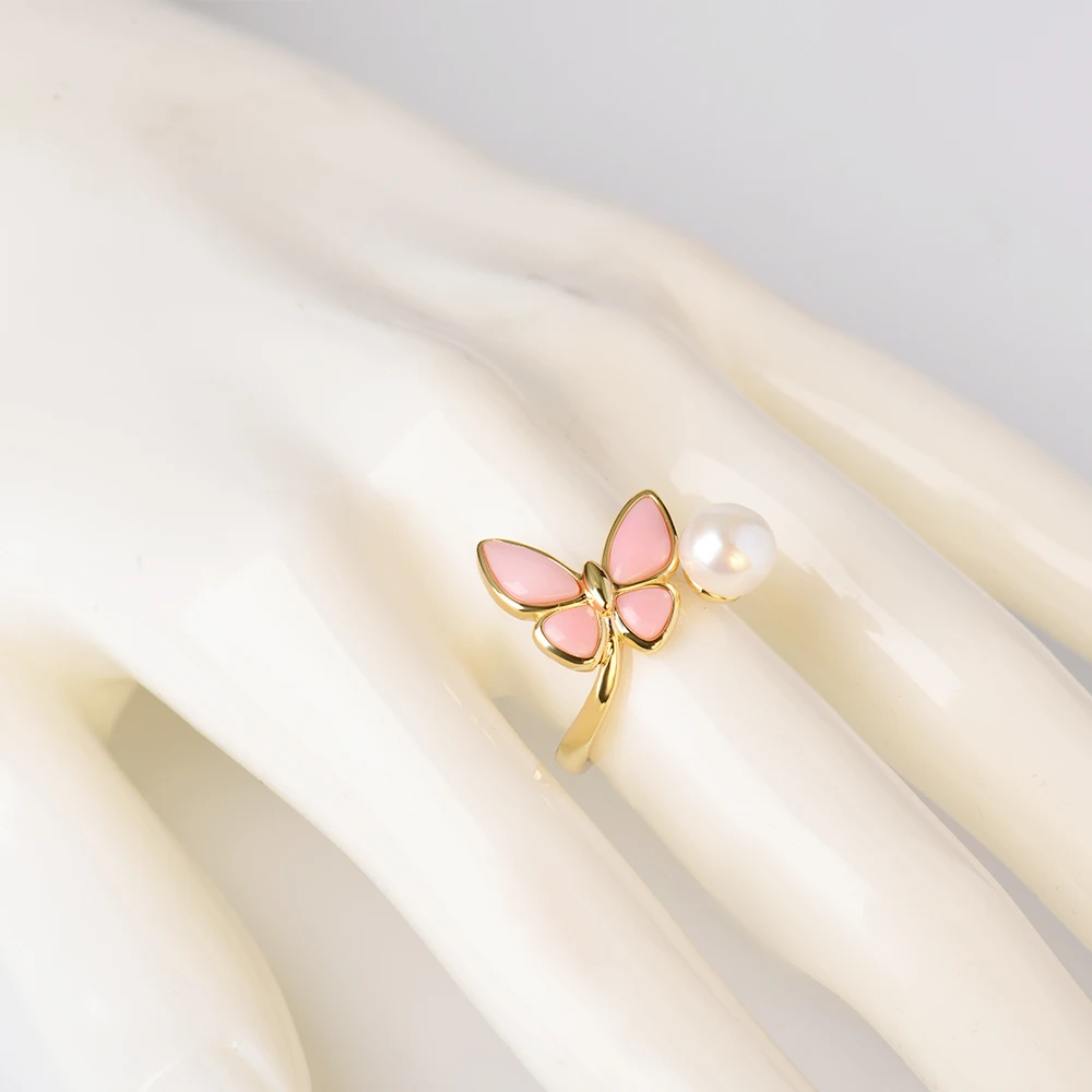 Fashion boutique jewelry S925 sterling silver Ring Pink Butterfly new launch fashion simple Butterfly Pearl Queen Conch Ring