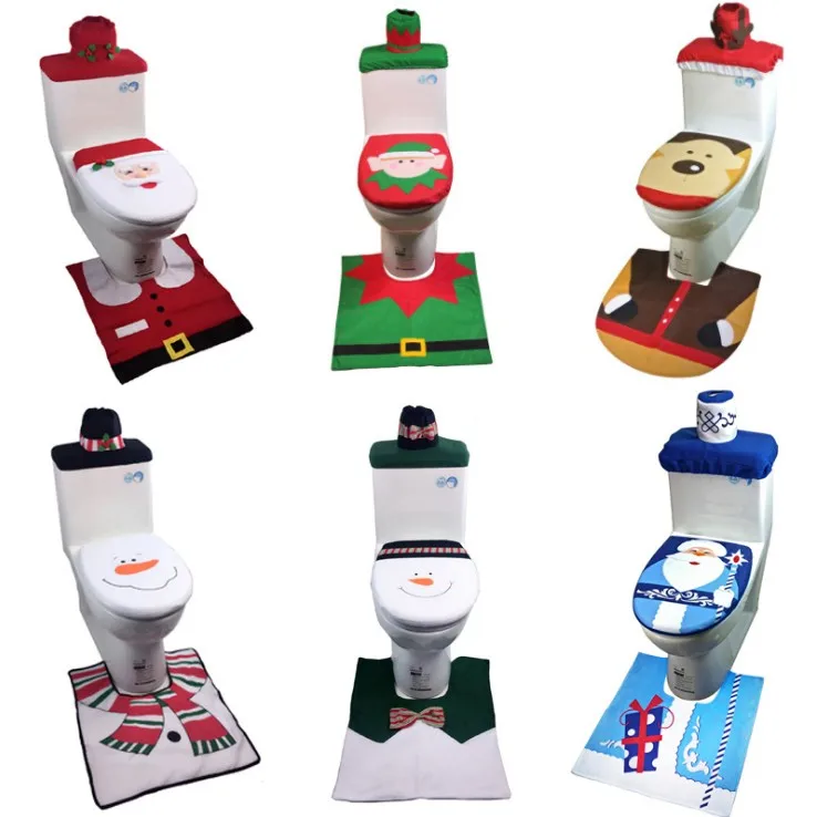 
Snowman Santa Toilet Seat Cover and Rug Set Red Christmas Decorations Bathroom 