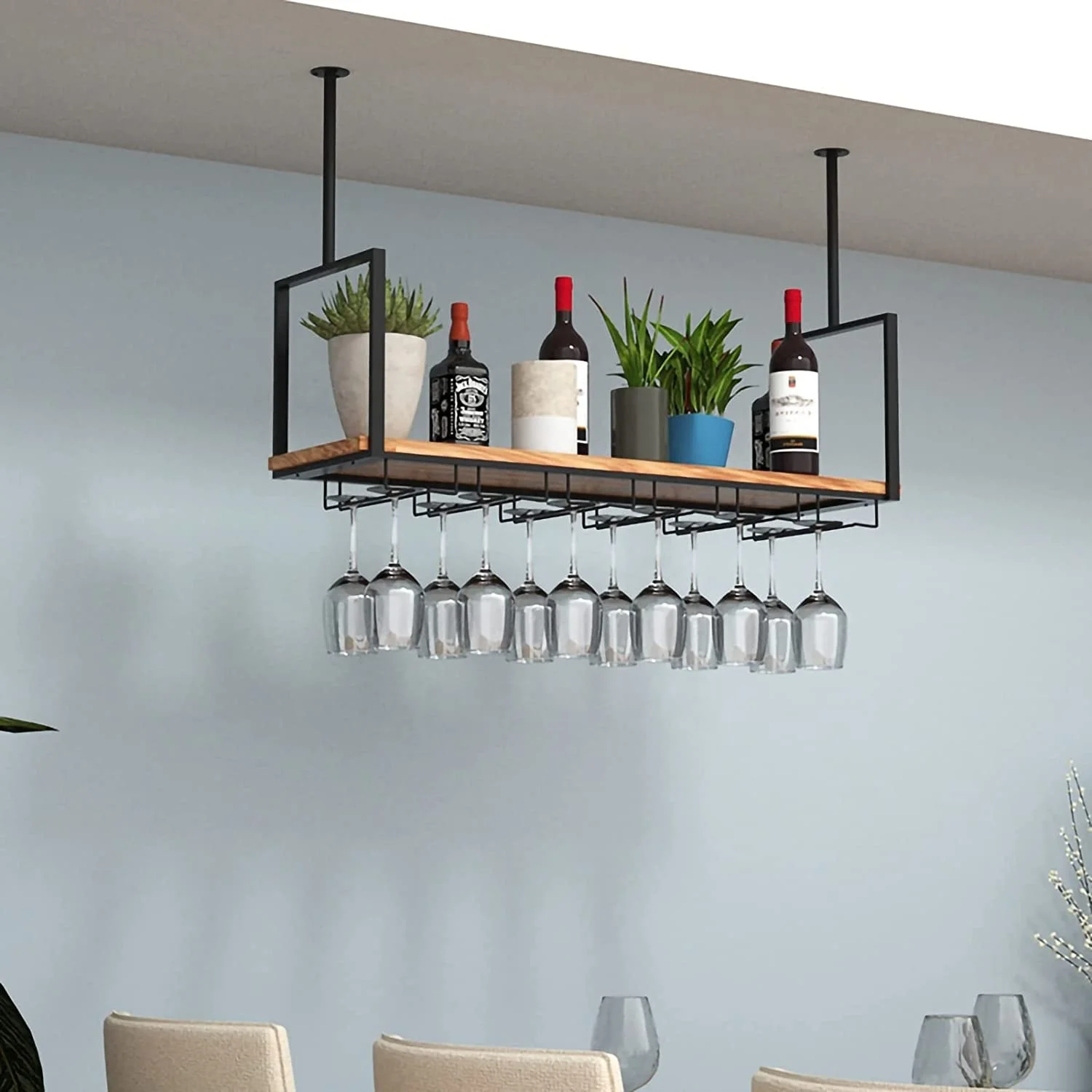Hanging Wine Glass Rack Ceiling Mount Shelf Hanging Wine Rack Metal Ceiling Bottle Rack Vintage Display Wine Storage Holder