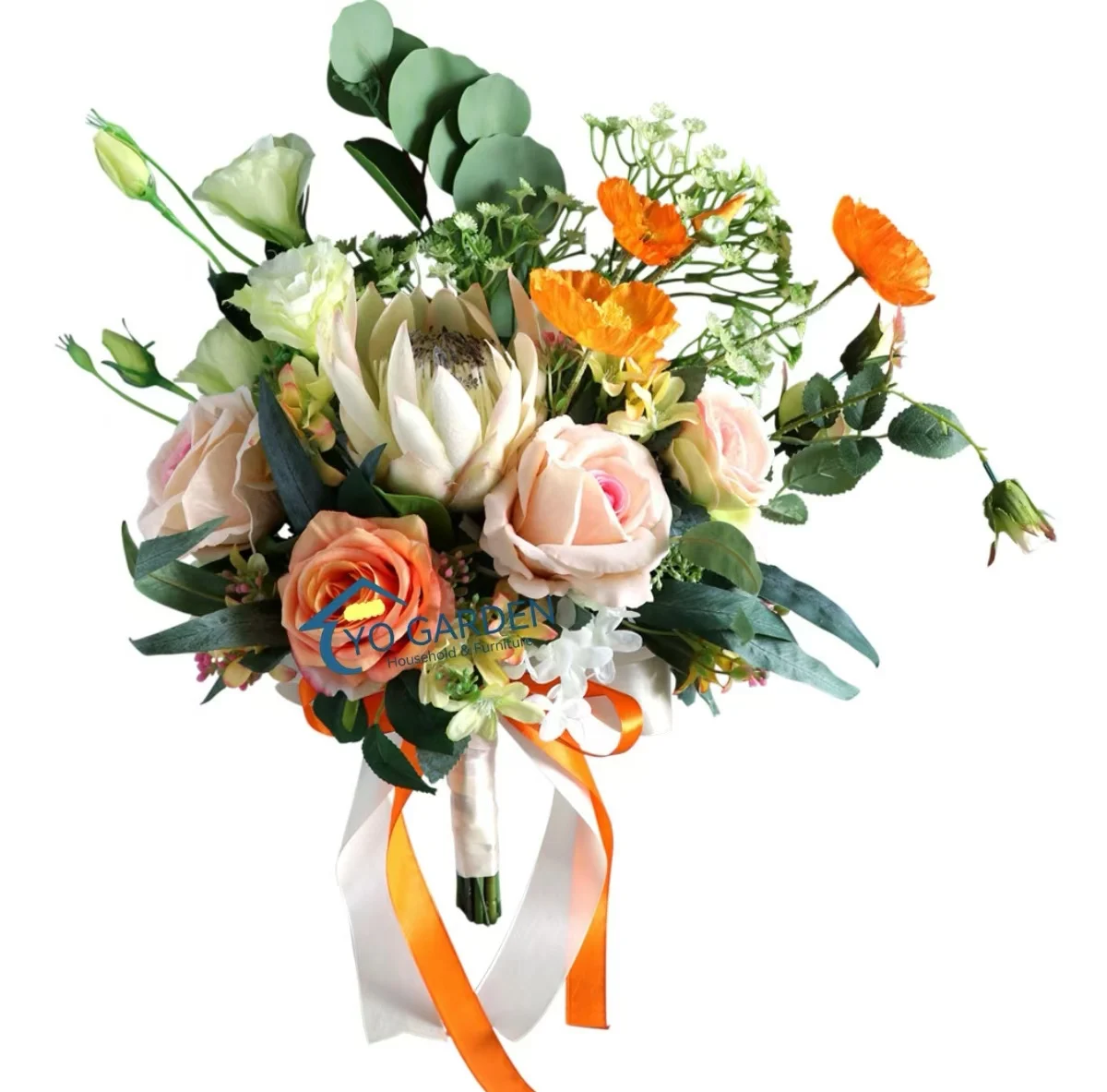 European Style Orange Silk Rose Bouquet Simulated Camellia Bride Holding Artificial Flower White Ranunculus Photography Props