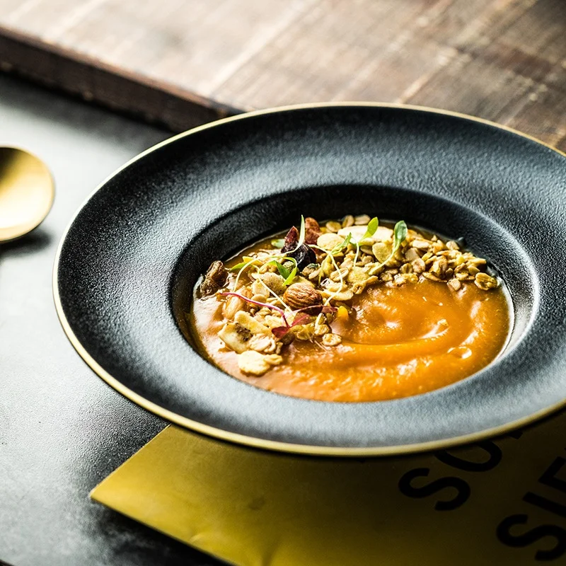 Frosted gold rimmed ceramic western food soup plate Home creative net red round straw hat plate