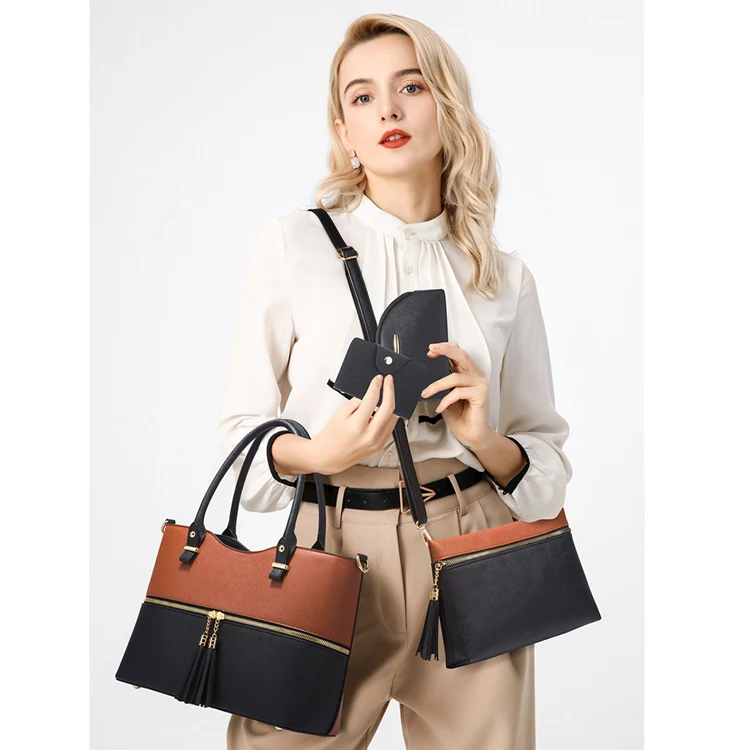 contrast color American style fashion ladies purses and handbags sets 4 pieces OEM PU leather tassel women hand bags