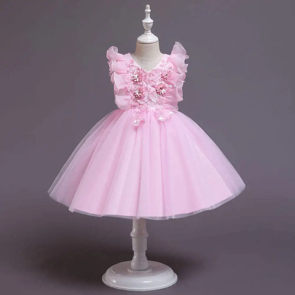 Girls summer embroidered bow elegant net gauze puffy dress wedding dress stage costume prom dress girl clothes sweet