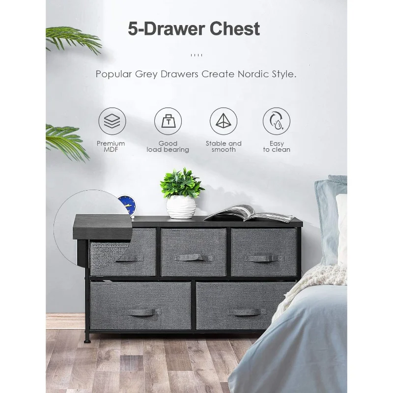 5-Drawers Dresser Organizer Storage Chest with Fabric Drawer Bedside Bedroom Vertical Nightstand
