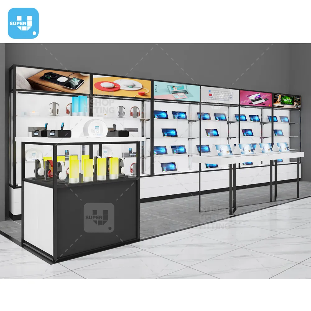 Modern Laptop Shop Display Cabinet Furniture Design Custom Glass Computer Store Wall Shelves for Headphone Retail