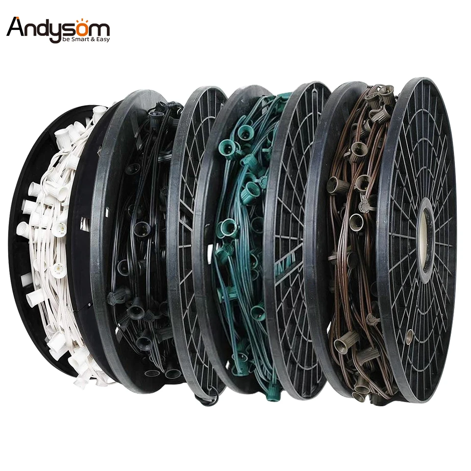 Andysom Top 500 1000 Foot C7 C9 ST38 Empty Socket Christmas Holiday String Light Cord Spool for Outdoor Holiday Decorating