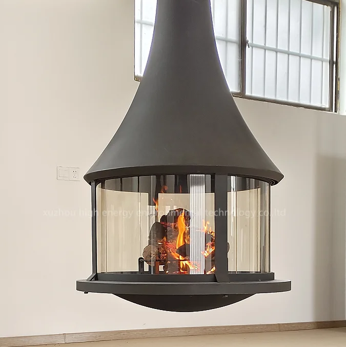modern design wood burning stove indoor heating suspended fireplace with round big glass