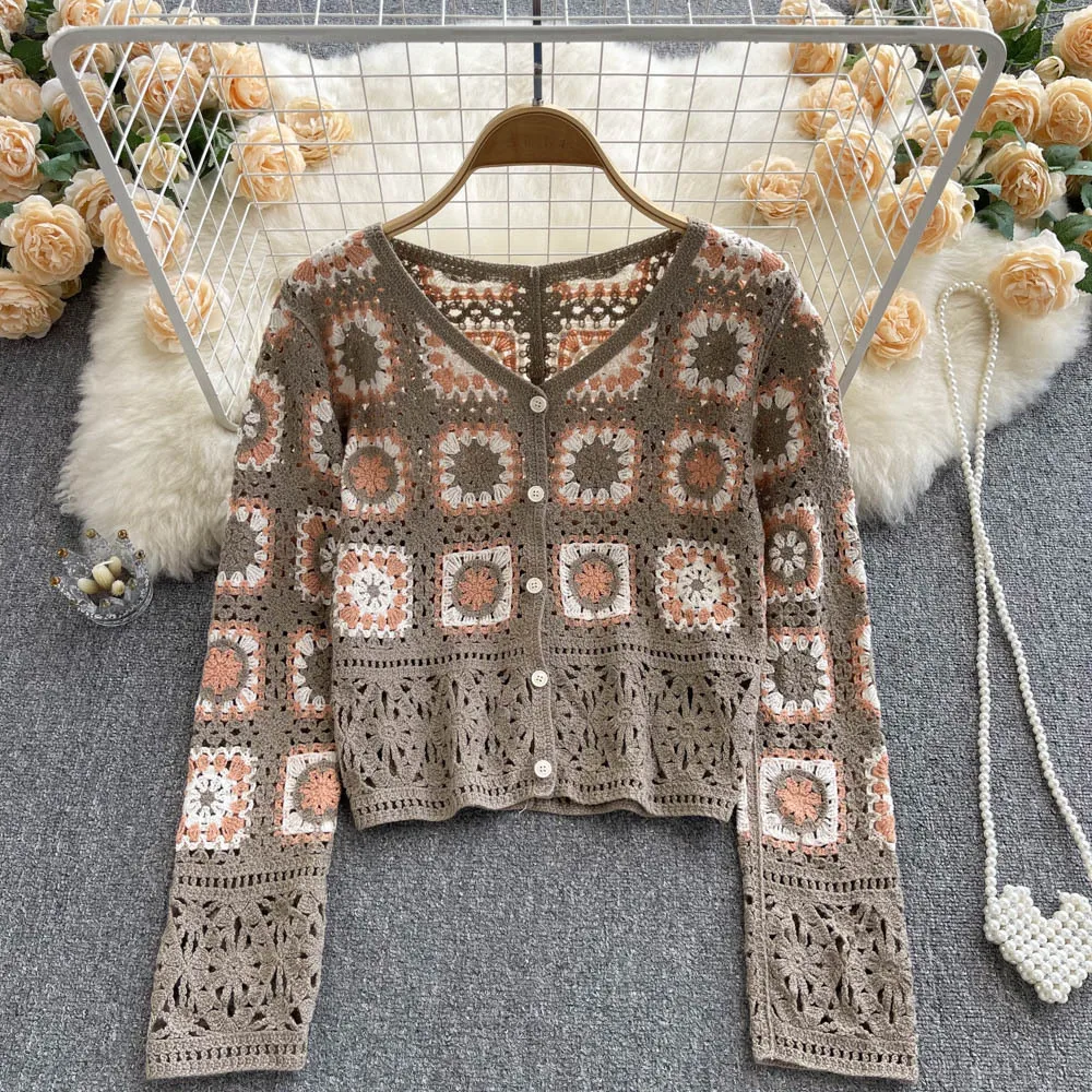 Women Vintage Crochet Square Cardigan Jumper Long Sleeve Button Down Floral Knitted Sweater Knitwear Cardigan