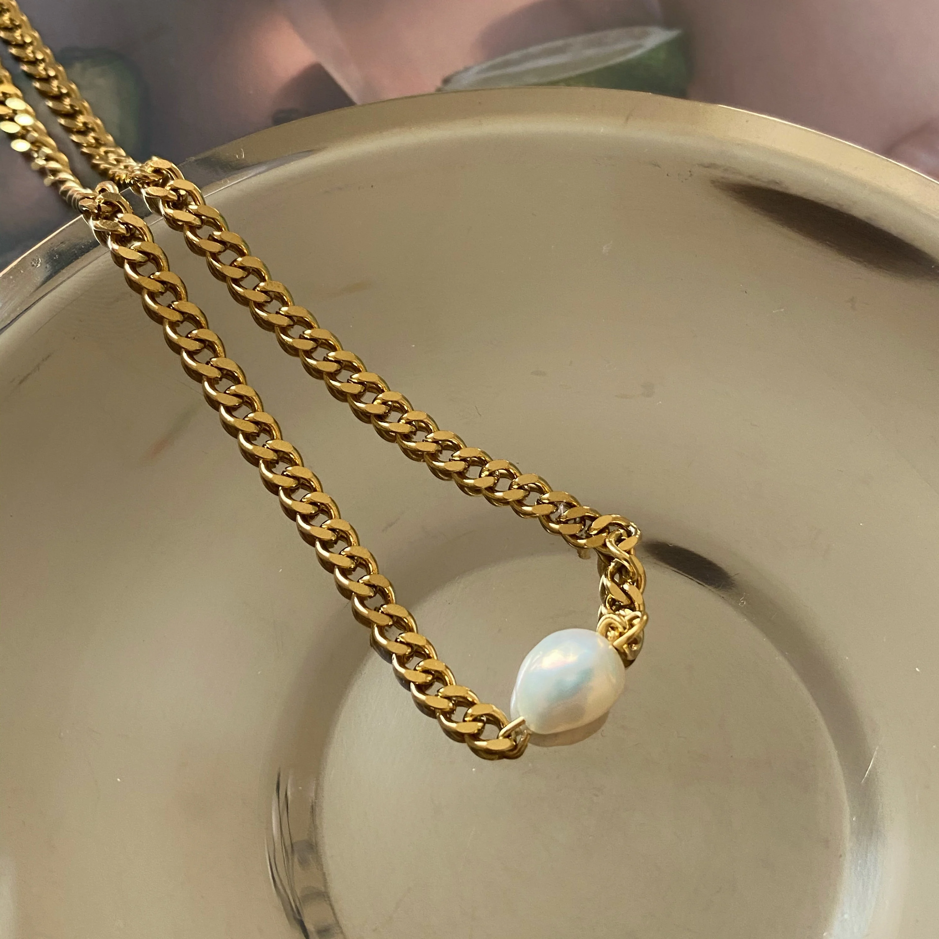 Stainless Steel Cuban Link Chain Natural Pearl Charm Necklace Curb 18K Gold Plated Necklaces Women French INS Elegant Jewelry