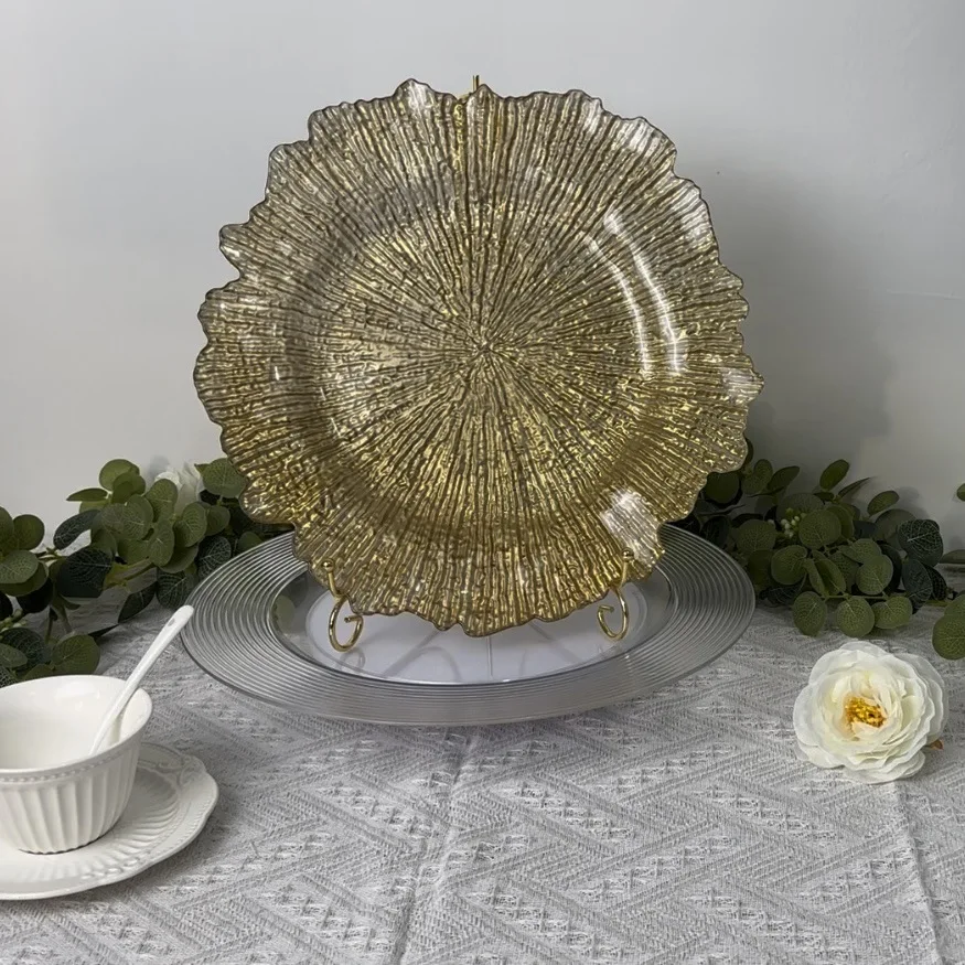 Wholesale Hot Sale Elegant Glass Charger Plate with Gold Rim Wedding Chargers