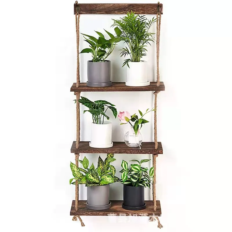 Wood Hanging Shelf Wall Swing Storage Shelves 3 Tier Jute Rope Organizer hanging wood shelf rope tier