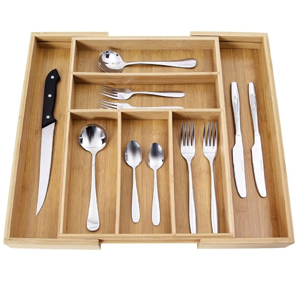 Bamboo Cutlery Tray Wood Desk Drawer Organizer Adjustable Kitchen Drawer Organizer