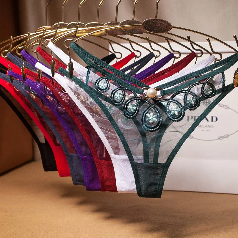 
Thongs And G String Transparent Mesh Embroidery Hollow Pearl Womens Thong Panties 
