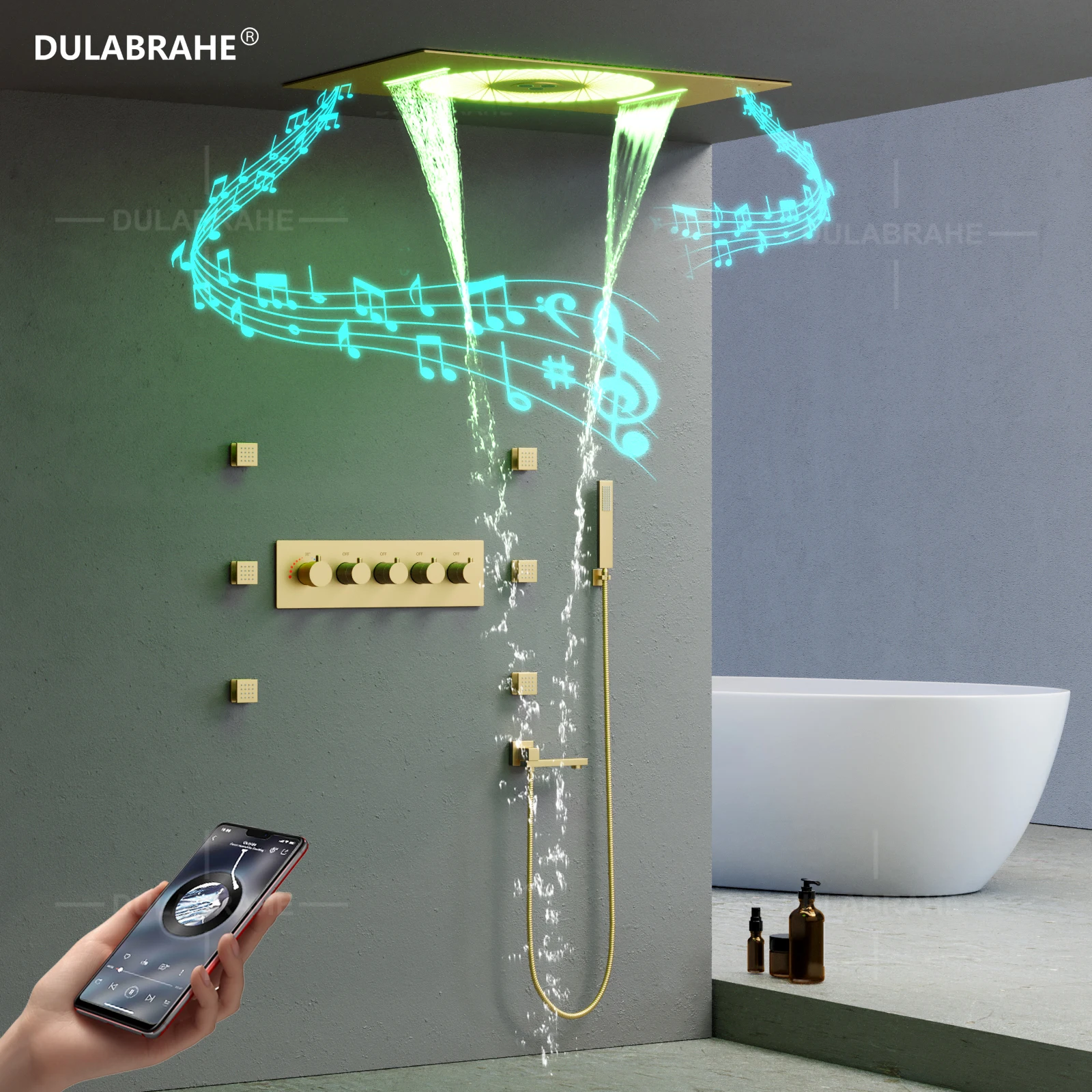 DULABRAHE 2024 NEW Luxury Bathroom Shower Faucet Brushed gold Wall Mounted 600*400mm Thermostatic Shower Set with Music