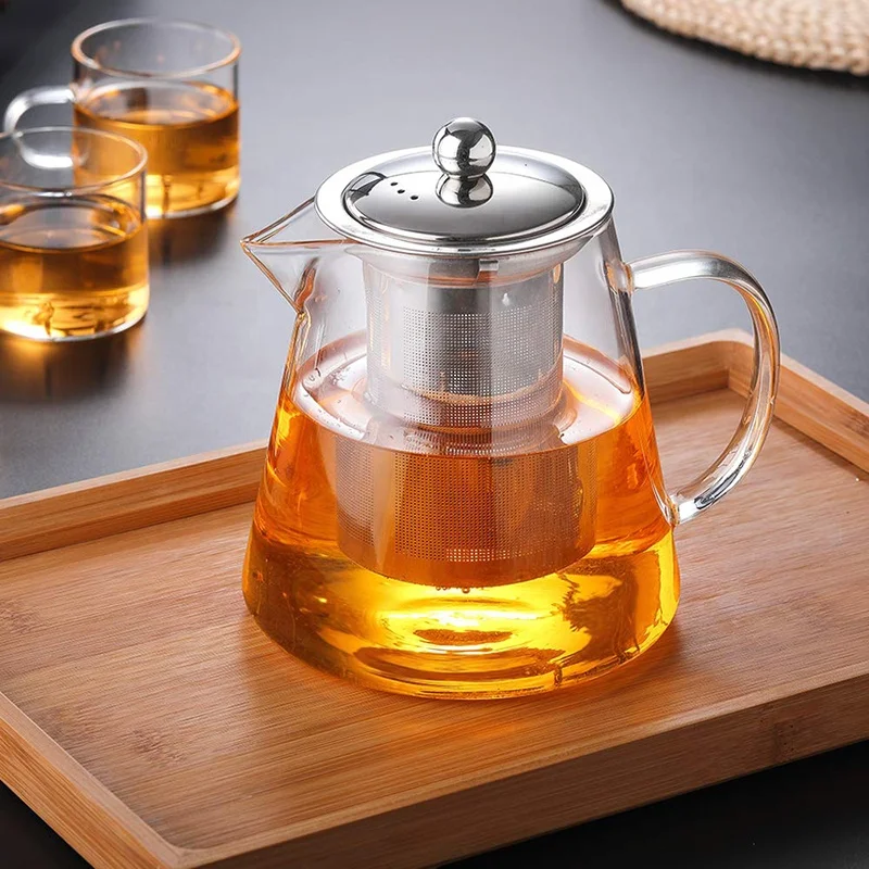 Hot Sale Transparent High Borosilicate heat resistant glass teapot with Stainless Steel removable infuser