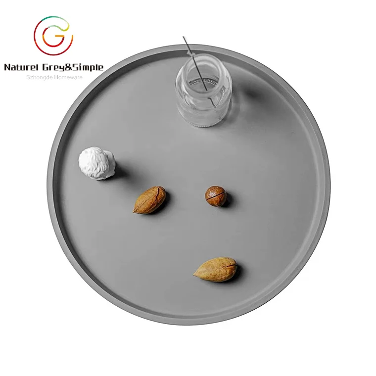 Natural Stone Matt Light Gray Concrete Cement Circle Round Platter Serving Tray