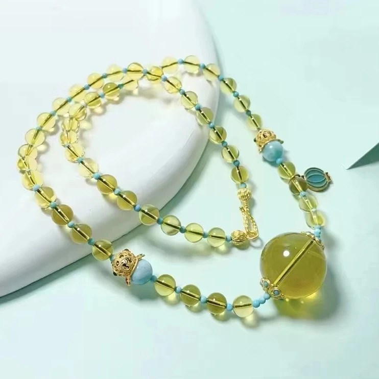 MEDBOO Fine Jewelry Factory Real Romantic 6mm Polished Round Smooth DIY Natural Crystal Blue Amber Bead Pendant Jewellery