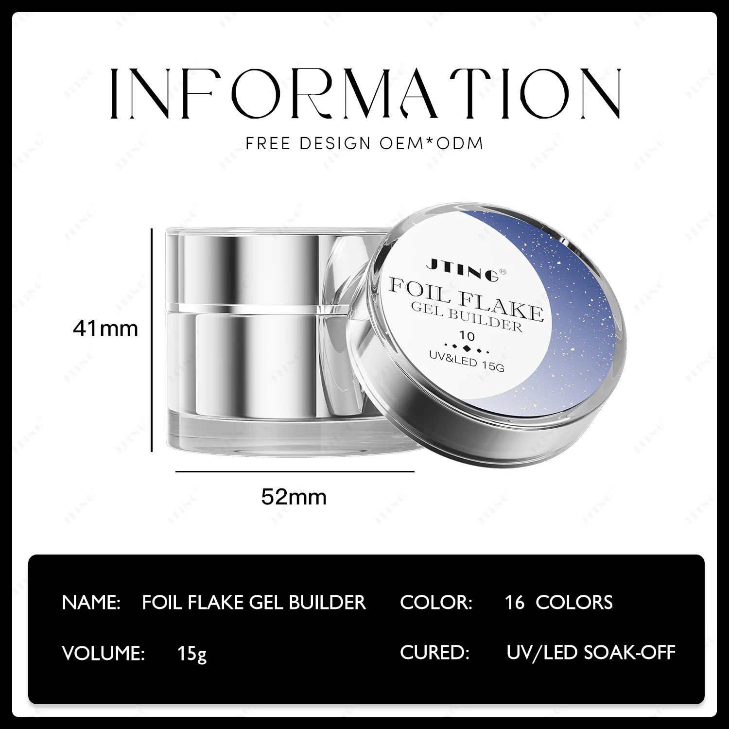 JTING Long Lasting 16colors Foil Flake Gel Builder UV/LED Nail Extension Soak Off Construction Gel No Yellowing Gel Builder