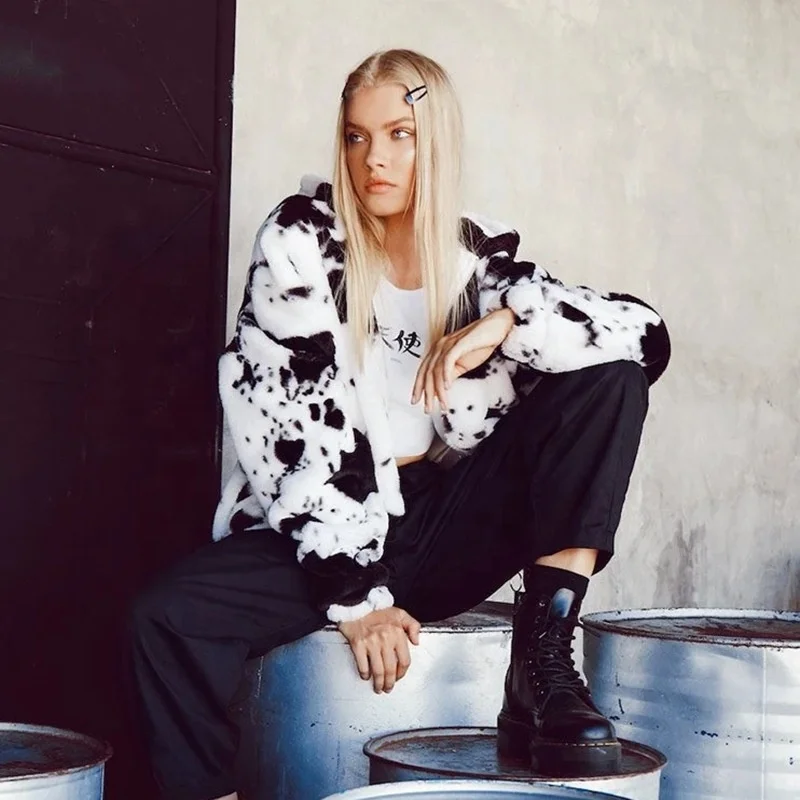 
New Arrival winter black and white cow pattern Hooded rabbit fur cardigan sweater fur coats for woman trendy 