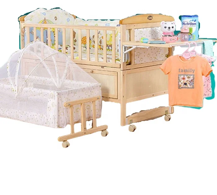 Factory Direct Price Eco-friendly No Painted Hot Selling Solid Wooden Baby Crib Baby Cot Multi-function Wood Baby Infant Bed
