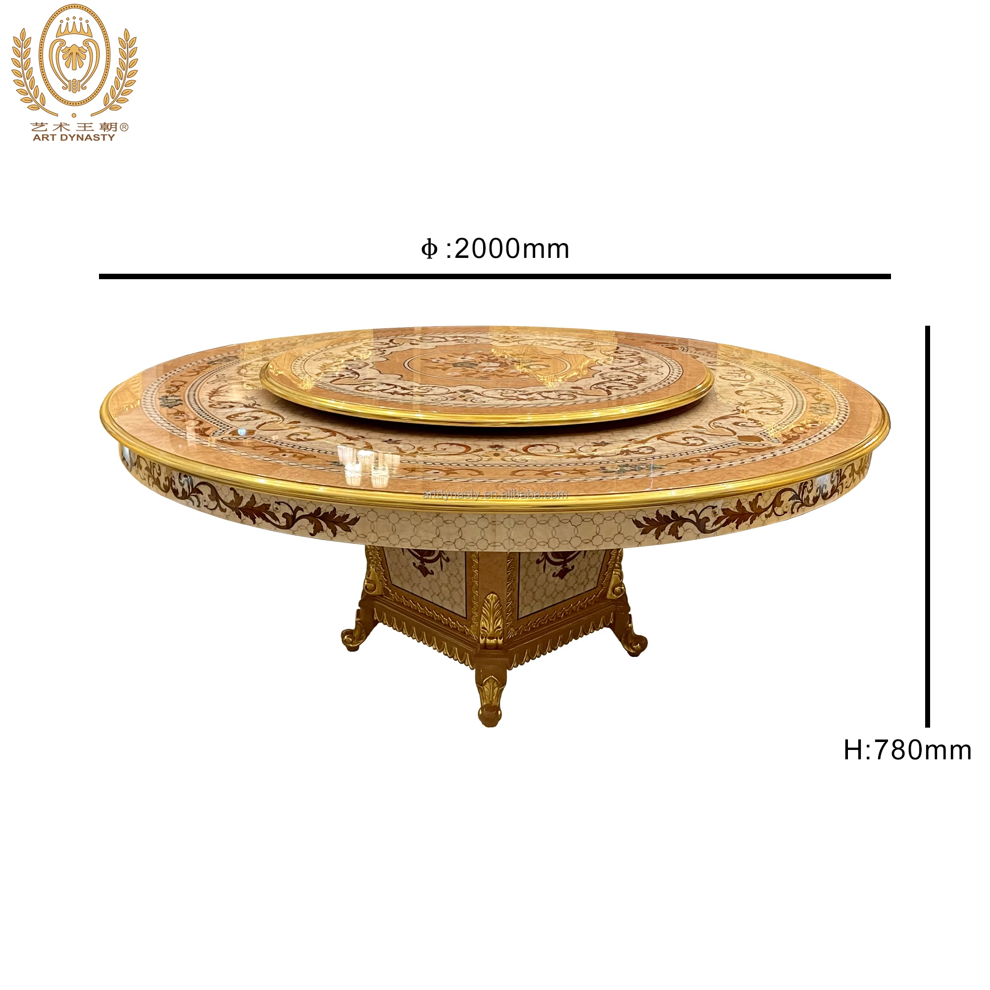 Classical Style Round Table Dinner Desk for Hotel Carved Gilded Brass Mother of Pearl Inlay Luxurious Wooden for Restaurant 1 PC