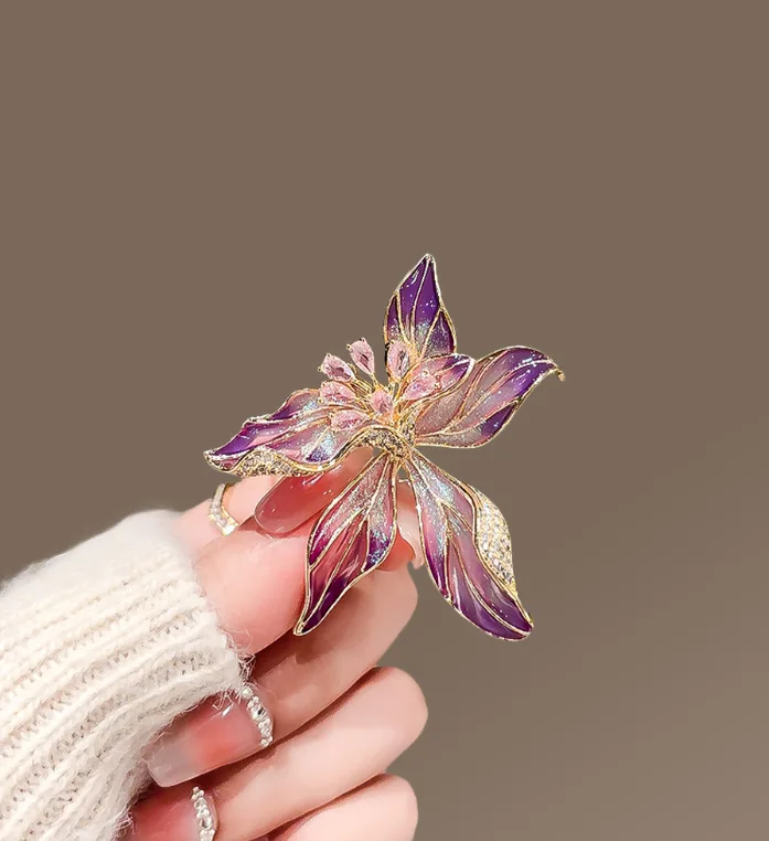 Luxury Brooch Pin Women Zircon Flower Exquisite Enamel Orchid Flower Brooch For Clothing