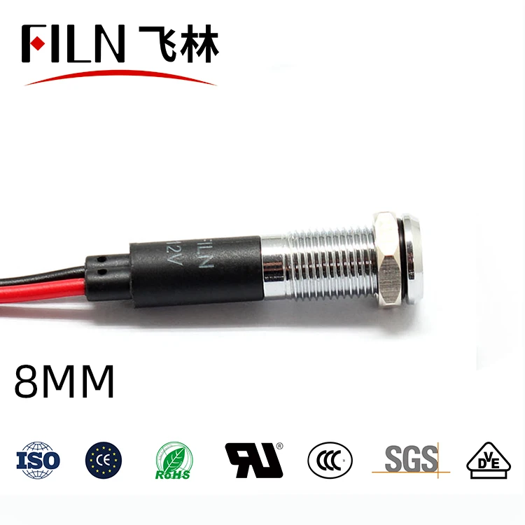 FILN 8mm waterproof flat head 12v yellow green blue metal led emergency indicator light with cable