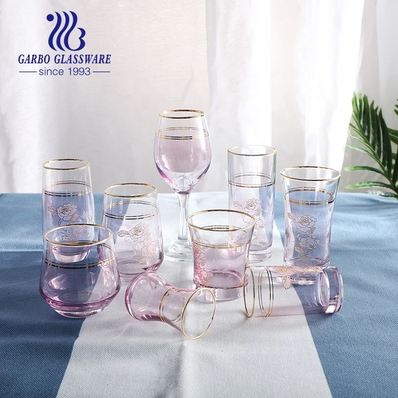 Unfading Tinted Colored Rose pink Glass Tea Tumblers Cups Wine Glass champagne Flute Turkish Cay Set with Electroplated Gold Rim