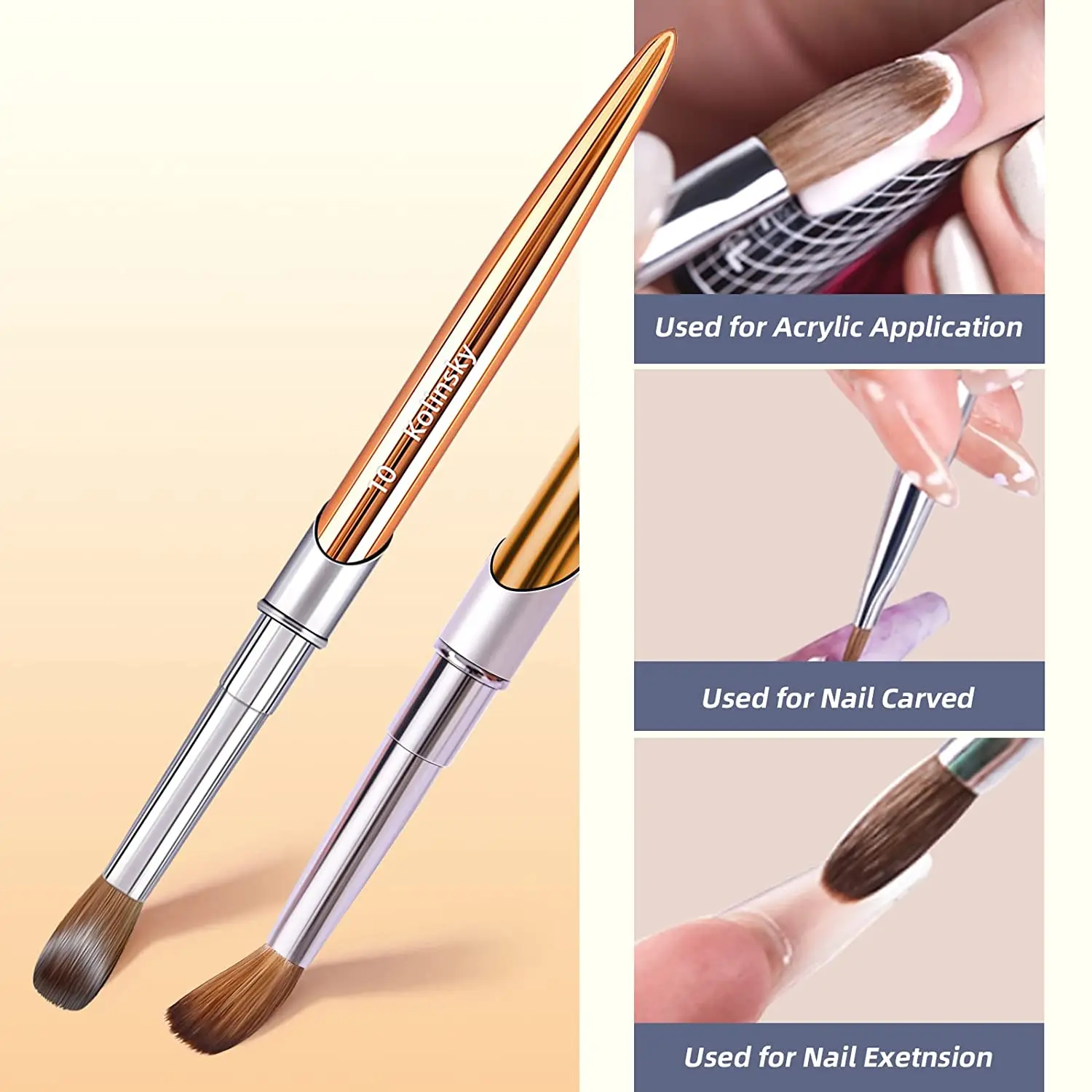 100% Pure Kolinsky Acrylic Nail Brush Custom Logo Aluminum Handle Six Angles Original Crimped Round Kolinsky Acrylic Nail Brush