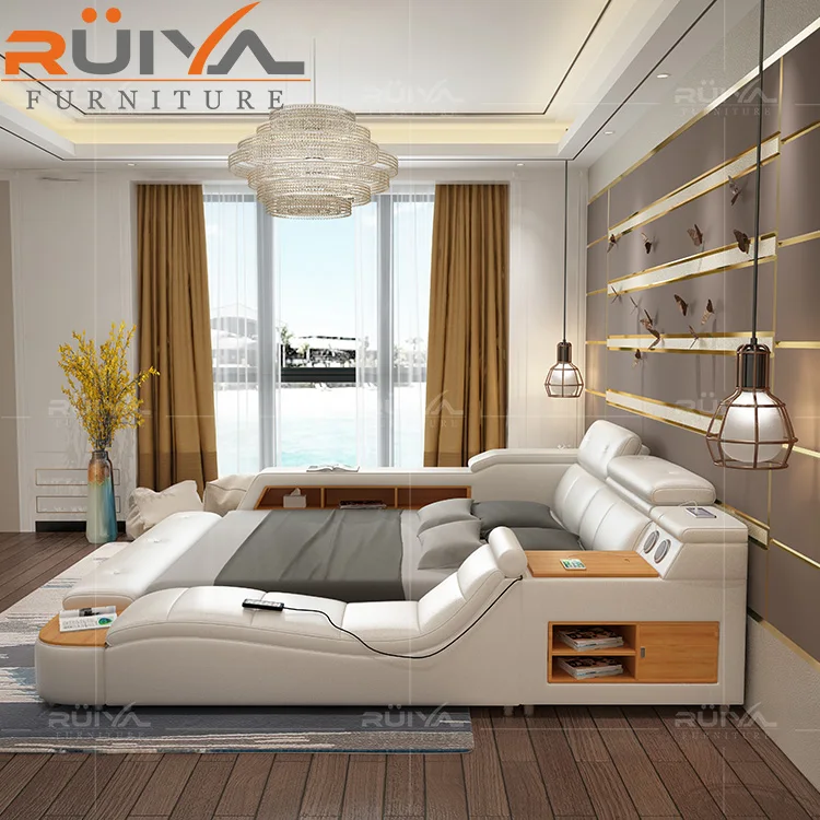intelligent smart bed Luxury italian bedroom furniture set modern functional king size leather bed with storage
