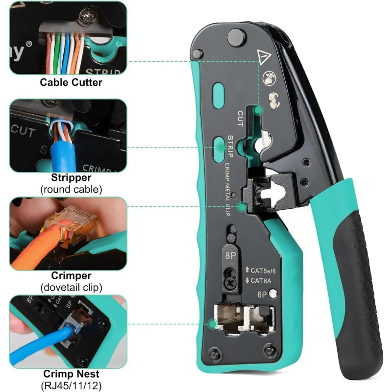8P 6P RJ45 RJ12 RJ11 Pass Through Connectors Modular Crimper for  Cat5 Cat6 Cat7 Cat8 Strip Cut Crimp Tool Ethernet Crimper