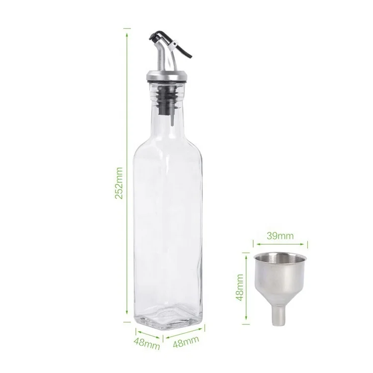 empty clear square 8oz olive oil sprayer glass bottle for soy sauce vinegar with nozzle cap and stainless steel funnel 250ml