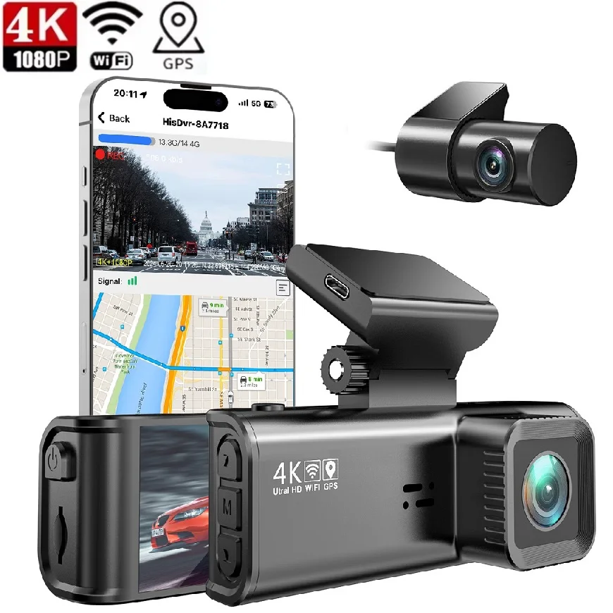mini Ultra HD 4K Dash Cam Front and Rear Dual Camera Support WIFI GPS & App Control 24H Parking Monitor support 512g SD Card