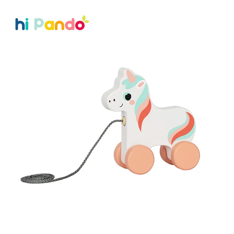 Wooden Pull Along Toys Dragging Rope Unicorn Wheel Push String Small Animals Cart Baby Walk Learning
