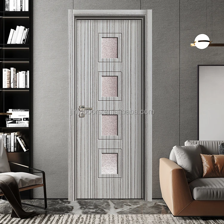 2022 JINY High quality modern solid core wooden interior flush door built-in frosted glass