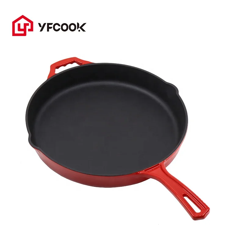 Hot Sell 30CM Cookware Red Enamel Bbq Steak Grill Fry Pans Cast Iron Skillet Non Stick Frying Pan