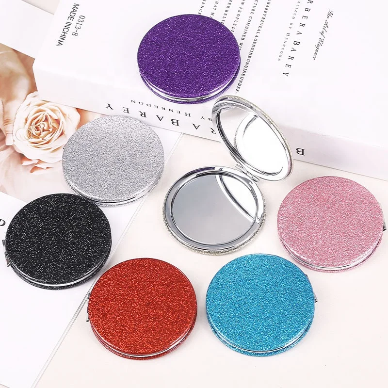70mm Round Mirror Bling Pu Leather Glitter Compact Mirror Travel Pocket Cosmetic Make Up Mirror for Promotional Gifts