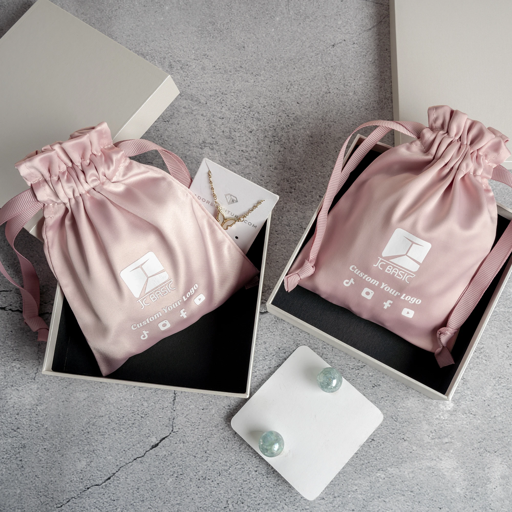 Customized Logo Printed Pink Jewelry Pouch Packaging Satin Drawstring Silk Bags