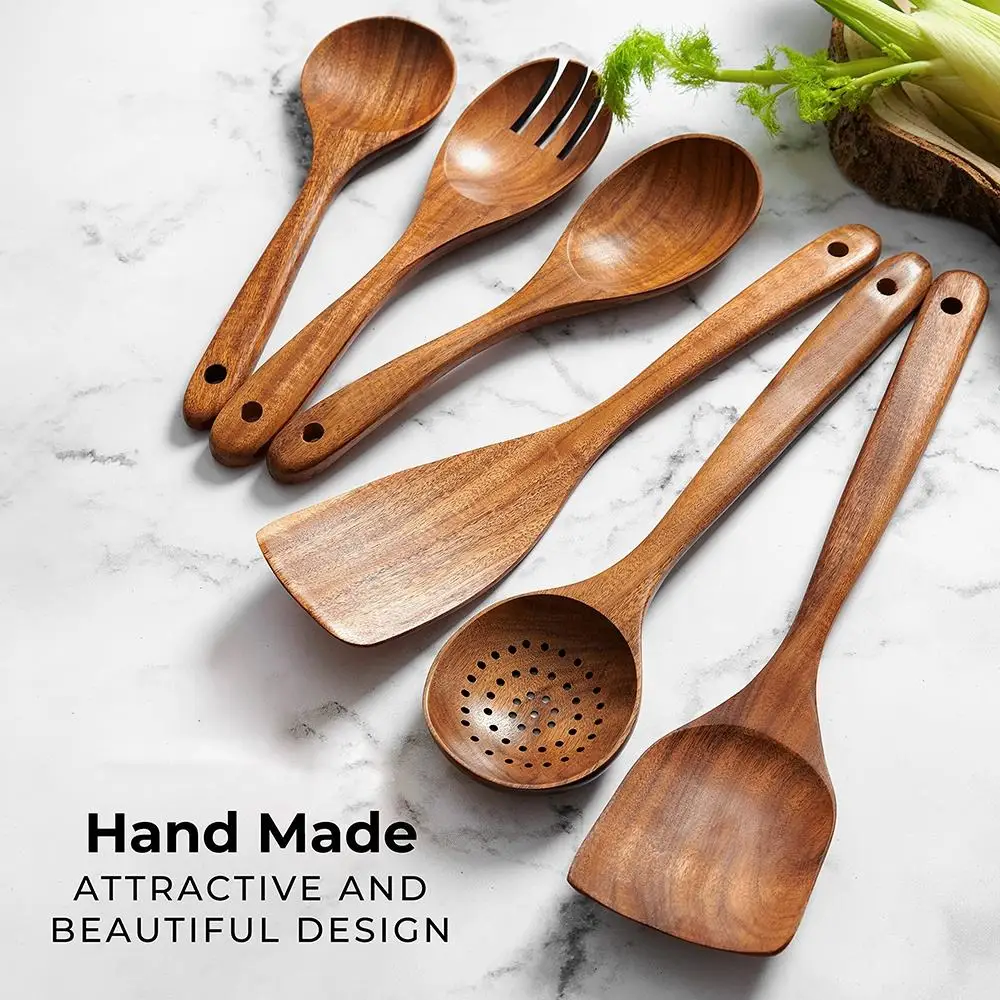 Natural Teak Cooking Set Kitchen Utensil Long Handle Bamboo Wood Soup Spoons Wooden Utensils Set