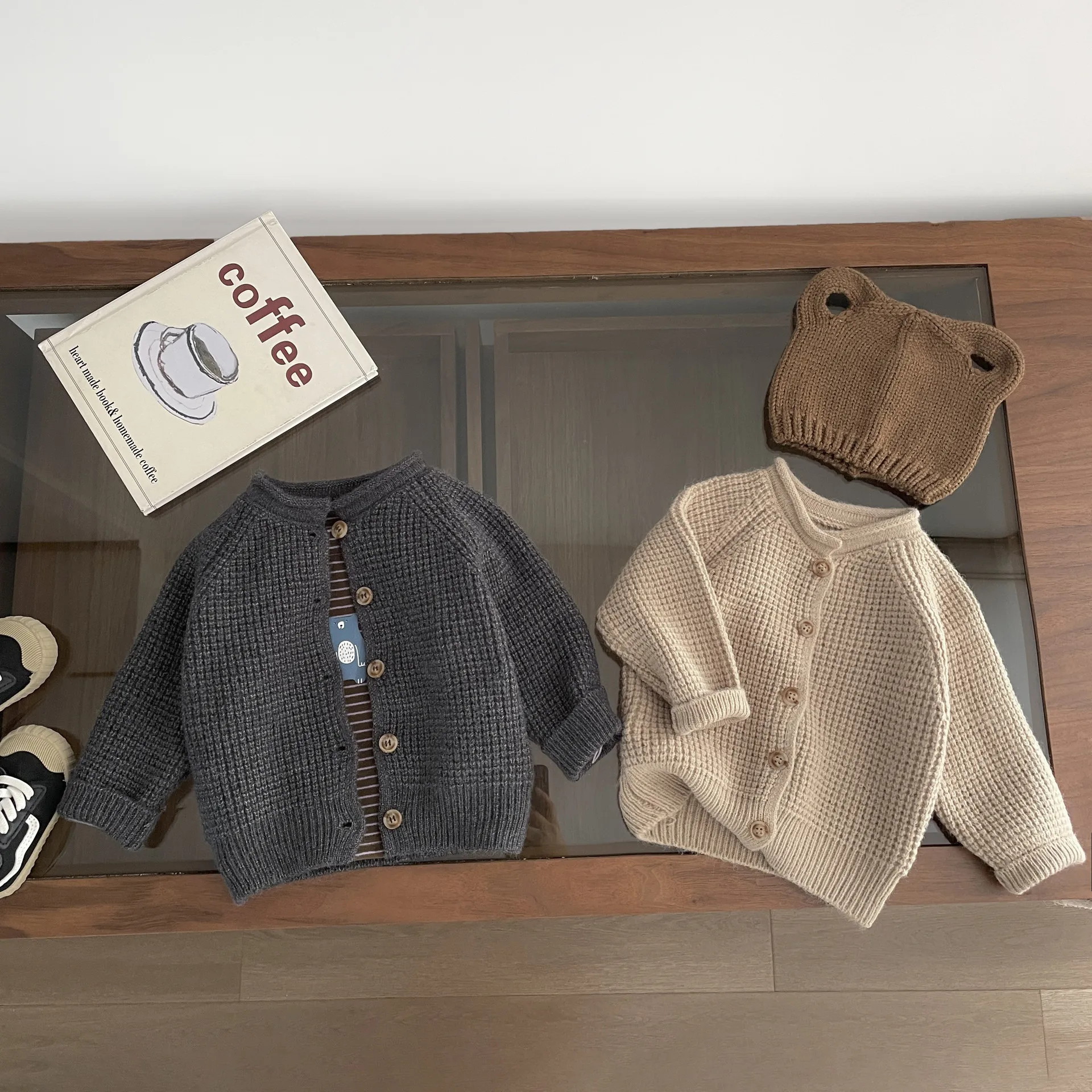 Custom Logo Autumn Newborn Baby Knit Sweater Cardigan Infant Solid Color Knitted Coat Toddler Boy Long Sleeve Top