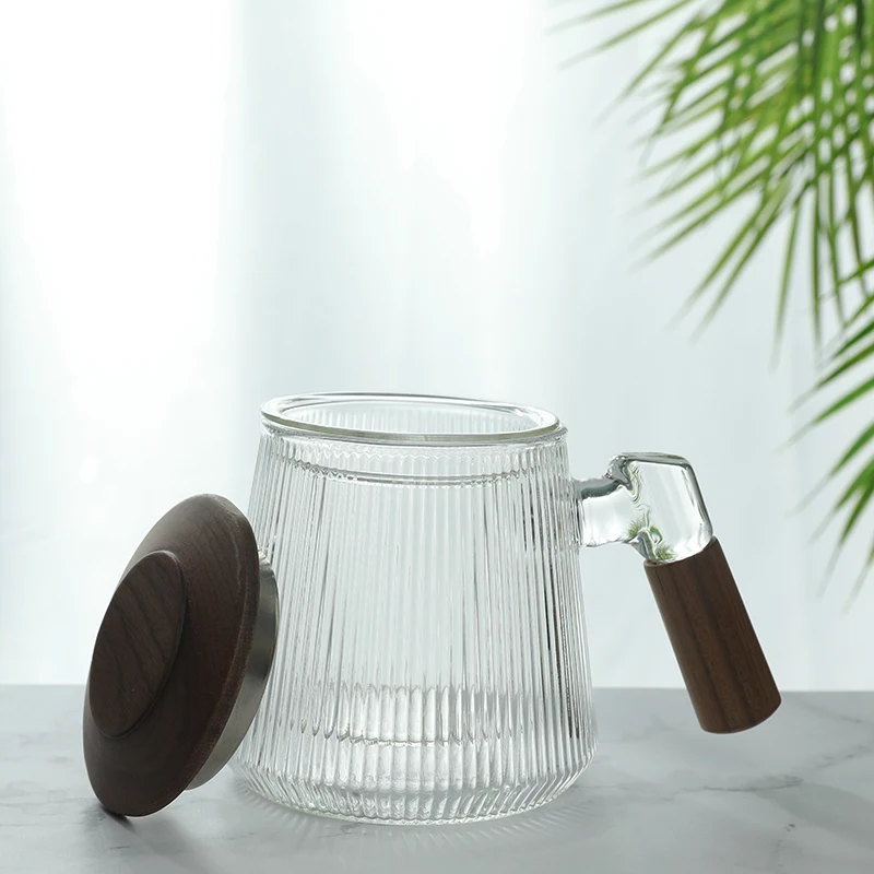 New Popular Quality Wooden Handle Glass Tea Mug With Infuser And Lid Glass Coffee Filter Teapot Strainers Cup for Office Home