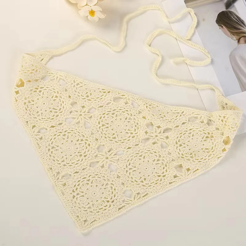 2023 New Arrivals Fashion Girls  Crochet Headwear Pure White Solid Color Fresh Knitted Hair Scarf Triangle Headbands For Women