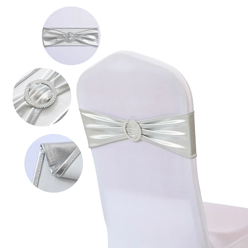 Hot Sale Morden Shiny Glitter Metallic Spandex Silver Chair Sash Band With Plastic Buckle for Wedding Party