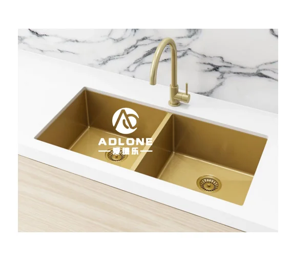 Factory wholesale satin nano Gold double bowl stainless steel handmade kitchen sink Square basin