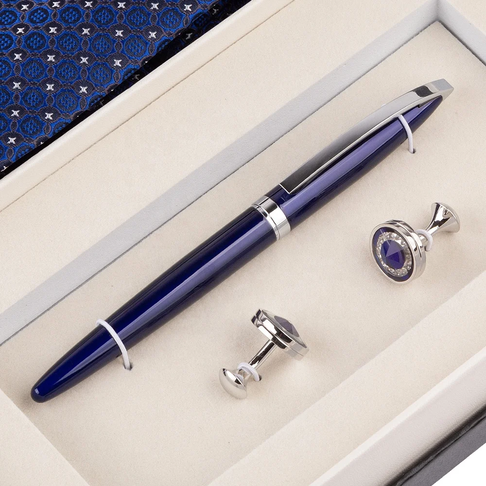 Classic New Year Christmas Gift Set for men father friend colleague client customer with blue metal pen and cufflinks